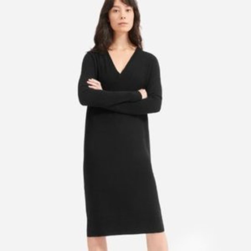 EVERLANE Cashmere V-Neck Midi Dress (Black - Medium)